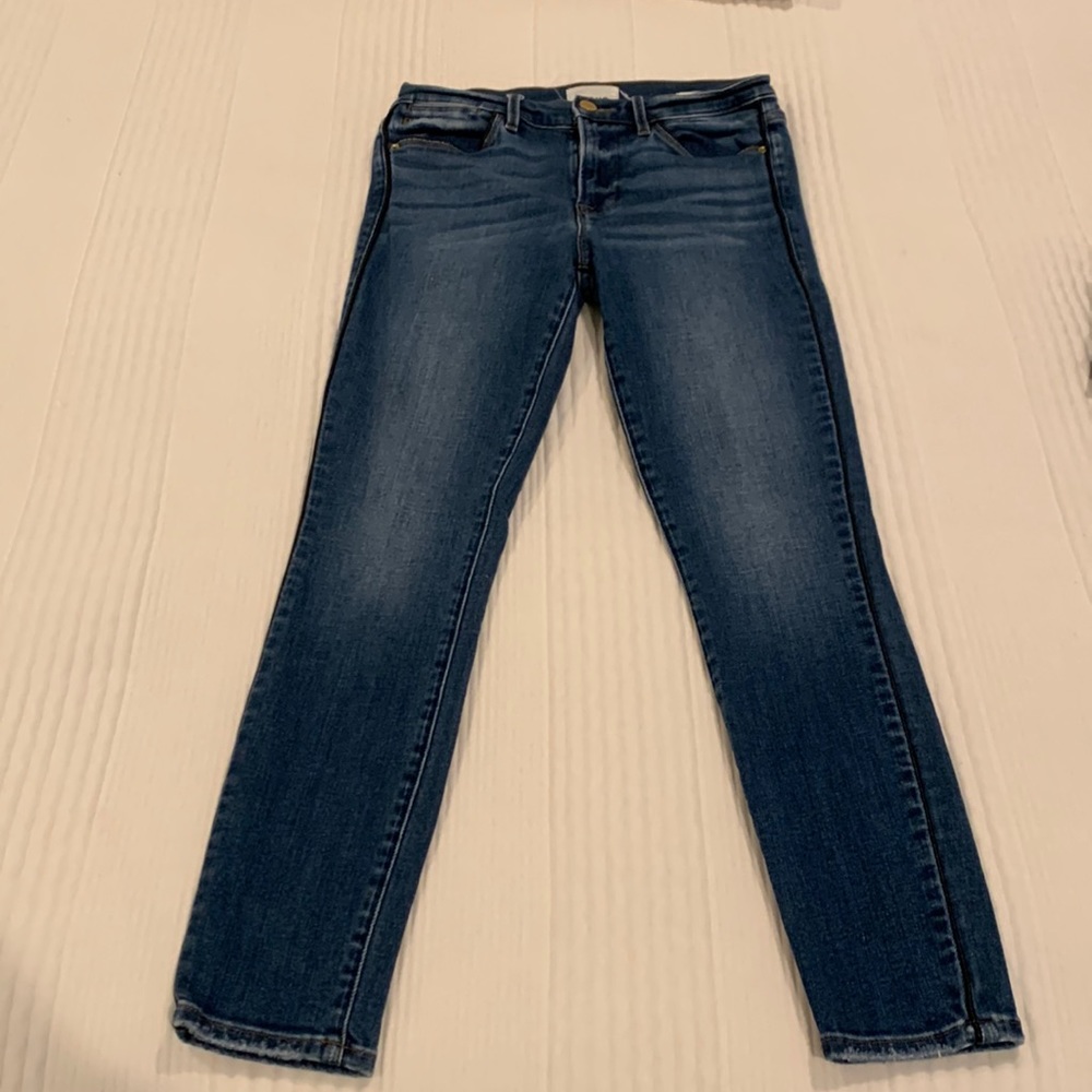 FRAME Le High Skinny jeans with leather pinstripe